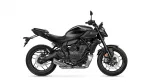 Left-side view of a black Yamaha MT-07 sport motorcycle, showing the engine, exhaust, and disc brakes.