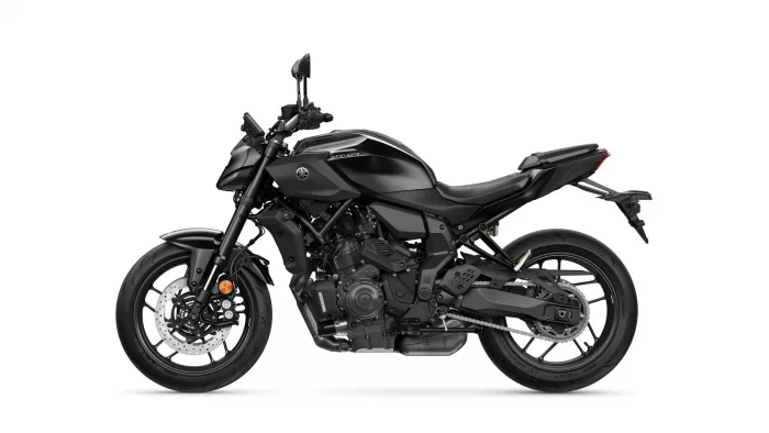 Side profile of a matte black Yamaha MT-07 motorcycle viewed from the left