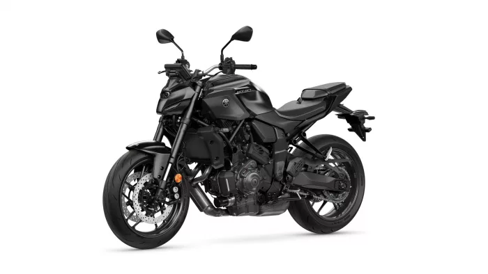 Black Yamaha MT-07 sport motorcycle photographed on a white background, shown from a front-left angle.