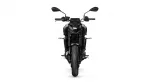Front view of a black Yamaha motorcycle facing the camera, showing the handlebars and front tire