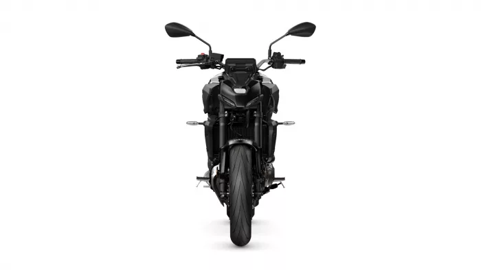 Front view of a black Yamaha motorcycle facing the camera, showing the handlebars and front tire