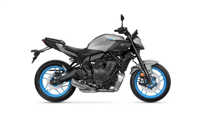 Side view of a gray Yamaha MT-07 motorcycle with blue rims