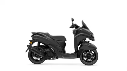 Dark gray Yamaha scooter shown in a partial side profile against a white background, front wheel on the right and rear on the left.
