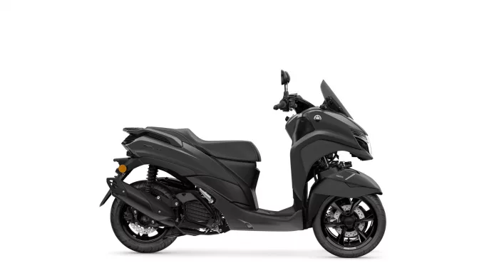 Dark gray Yamaha scooter shown in a partial side profile against a white background, front wheel on the right and rear on the left.