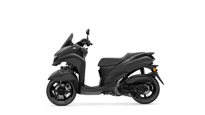 Black Yamaha scooter shown in profile against a white background, displaying the front wheel, bodywork, and seat.