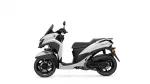 White-and-gray Yamaha Tricity scooter shown in side profile with windshield and dual front fairing panels