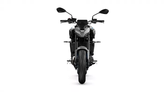 Front-on view of a gray and black Yamaha sport motorcycle, headlight area and front tire visible