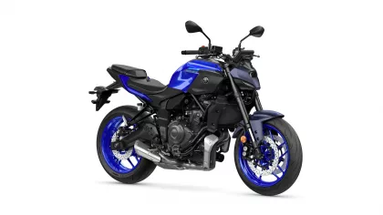 Blue Yamaha MT-07 sport motorcycle shown from a side-front angle on a white background