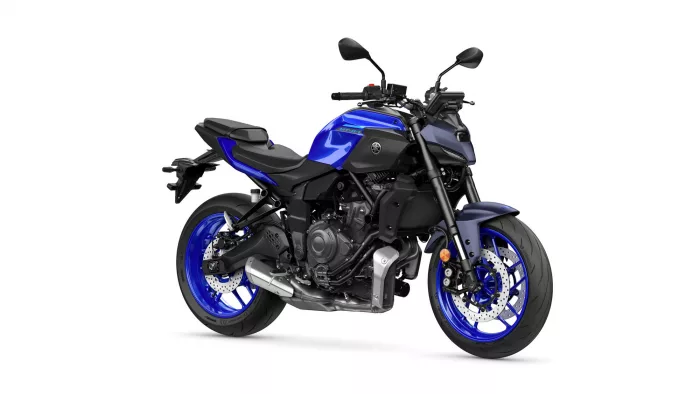 Blue Yamaha MT-07 sport motorcycle shown from a side-front angle on a white background