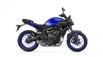 Blue Yamaha MT-07 sport motorcycle shown in a side-front view, highlighting its blue fuel tank and black frame.