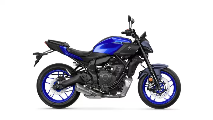 Blue Yamaha MT-07 sport motorcycle shown in a side-front view, highlighting its blue fuel tank and black frame.