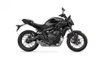 Black Yamaha MT-07 motorcycle in side profile, showing front wheel, engine, and exhaust against a white background.
