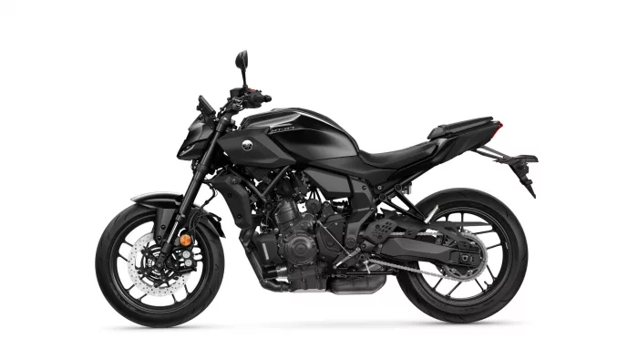 Black Yamaha MT-07 sport motorcycle shown in a left-side profile against a white background.