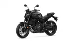 Black sport motorcycle shown from the front-left, highlighting the angular fairing and disc brakes.