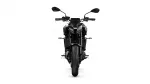 Front view of a black sport motorcycle facing the camera on a white background (Yamaha branding visible).