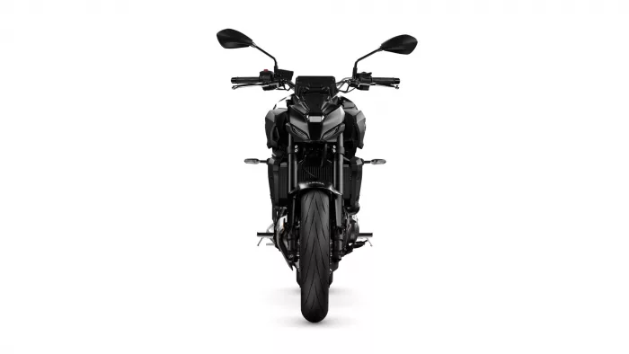 Front view of a black sport motorcycle facing the camera on a white background (Yamaha branding visible).