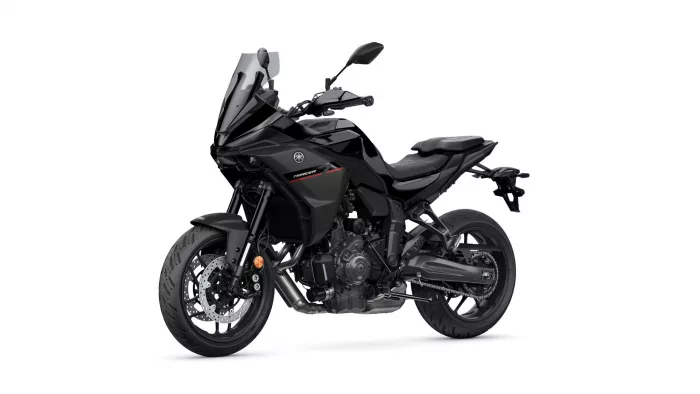 Black Yamaha Tracer sport motorcycle shown from the left side with windshield and aggressive angular fairings on a white background.
