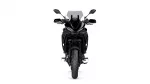Front view of a black Yamaha motorcycle with a windshield, mirrors, and dual headlights, seen head-on against a white background.