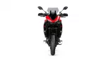 Front view of a red and black Yamaha sport motorcycle with windshield and handlebars visible.