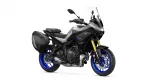 Sport-tourer motorcycle with black bodywork, blue alloy wheels, gold front forks, and hard side panniers with a tall windshield (Yamaha Tracer style).