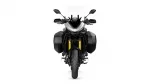 Front view of a black touring motorcycle with a tall windshield and side panniers, facing forward on a white background.
