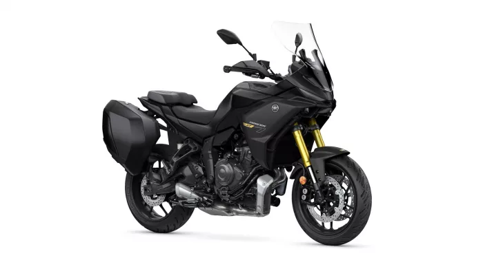 Black Yamaha Tracer GT sport-touring motorcycle with hard side panniers and tall windshield on a white background.