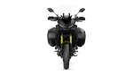 Front view of a black Yamaha adventure motorcycle with side panniers and a tall clear windshield to the rider.