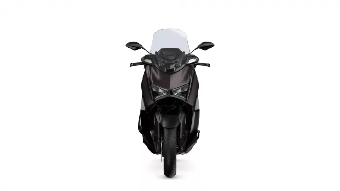 Front view of a black motorcycle with a tall windscreen and dual angular headlights.