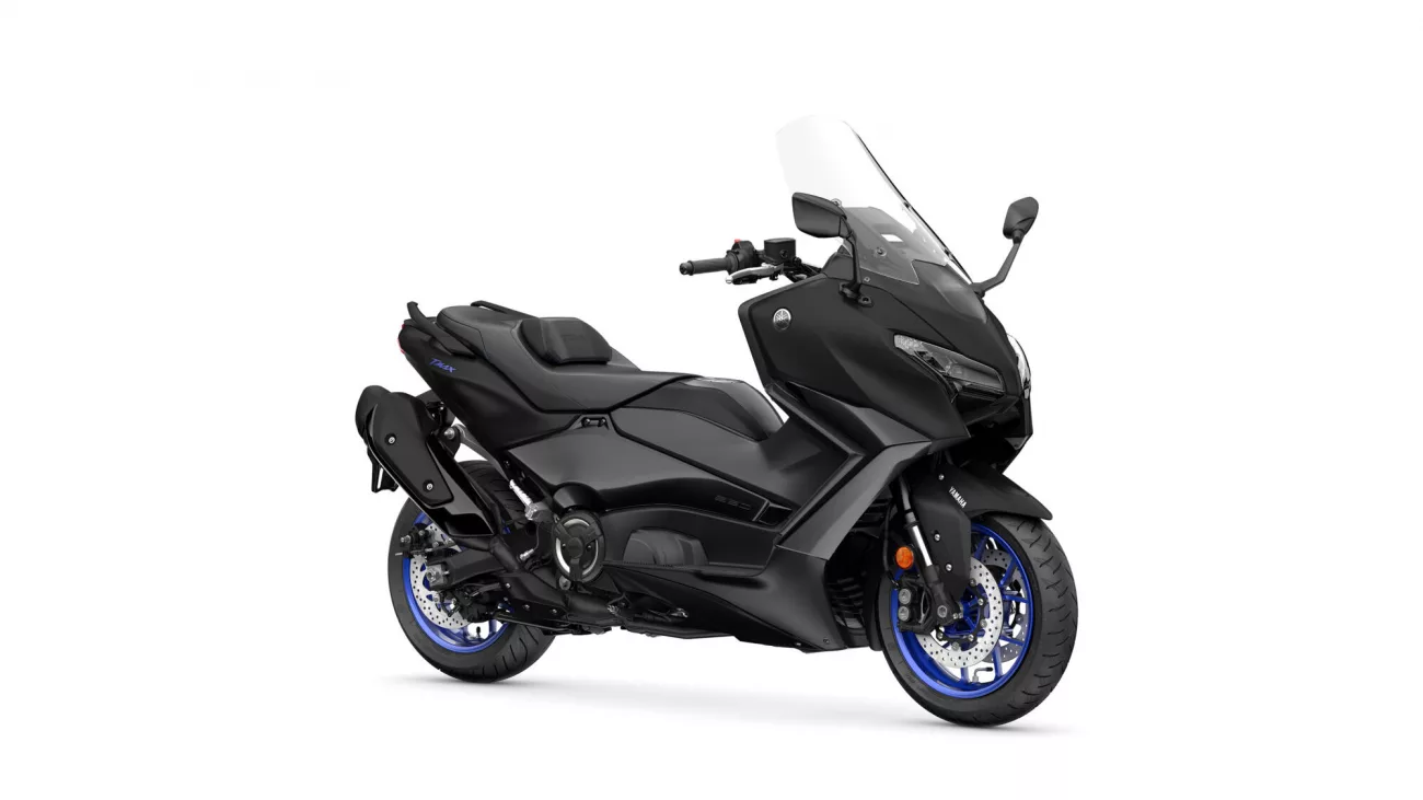 Side view of a black Yamaha sport motorcycle with a clear windshield and blue-rimmed wheels