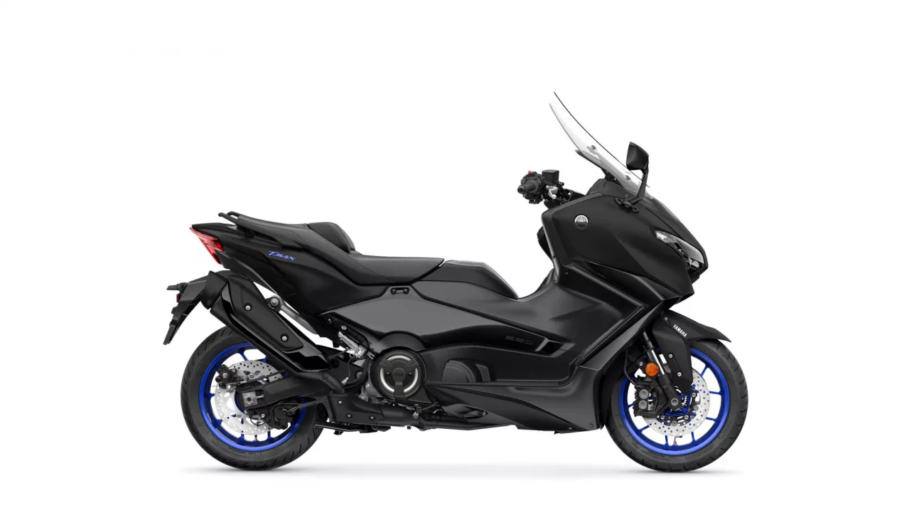 Side view of a black Yamaha TMAX scooter with blue rims and sporty styling