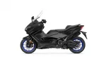 Black Yamaha TMAX sport scooter shown in profile with blue rims against a white background