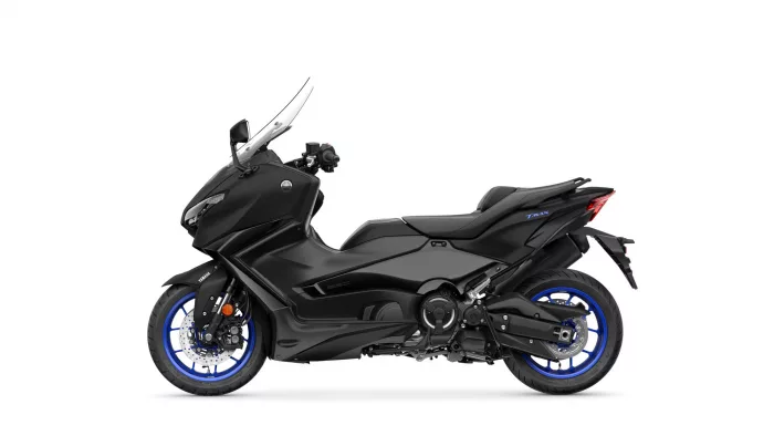 Black Yamaha TMAX sport scooter shown in profile with blue rims against a white background