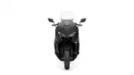 Front-on view of a black sport motorcycle with a clear windshield and angular headlights.
