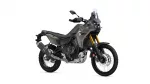 Yamaha Tenere 700 adventure motorcycle shown in a side-front view with gray body and gold front forks, ready for off-road riding.