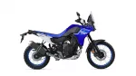 Blue Yamaha Tenere 700 adventure motorcycle shown in a side profile on a white background with front windscreen and off-road tires.