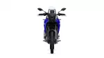 Front view of a blue sport motorcycle with windscreen and handlebars, shown head-on against a white background