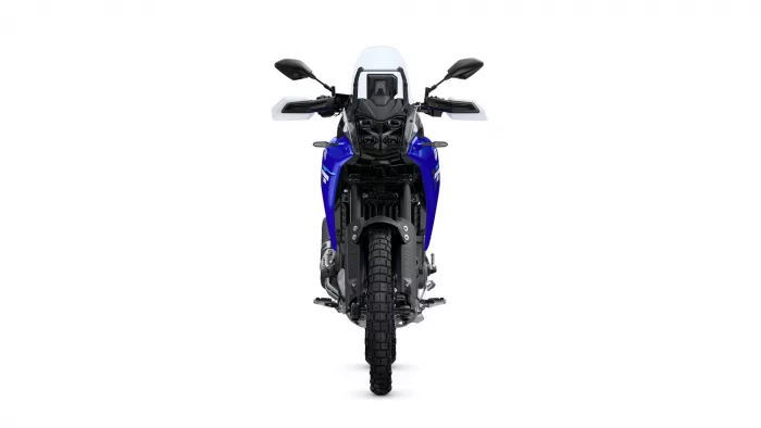 Front view of a blue sport motorcycle with windscreen and handlebars, shown head-on against a white background