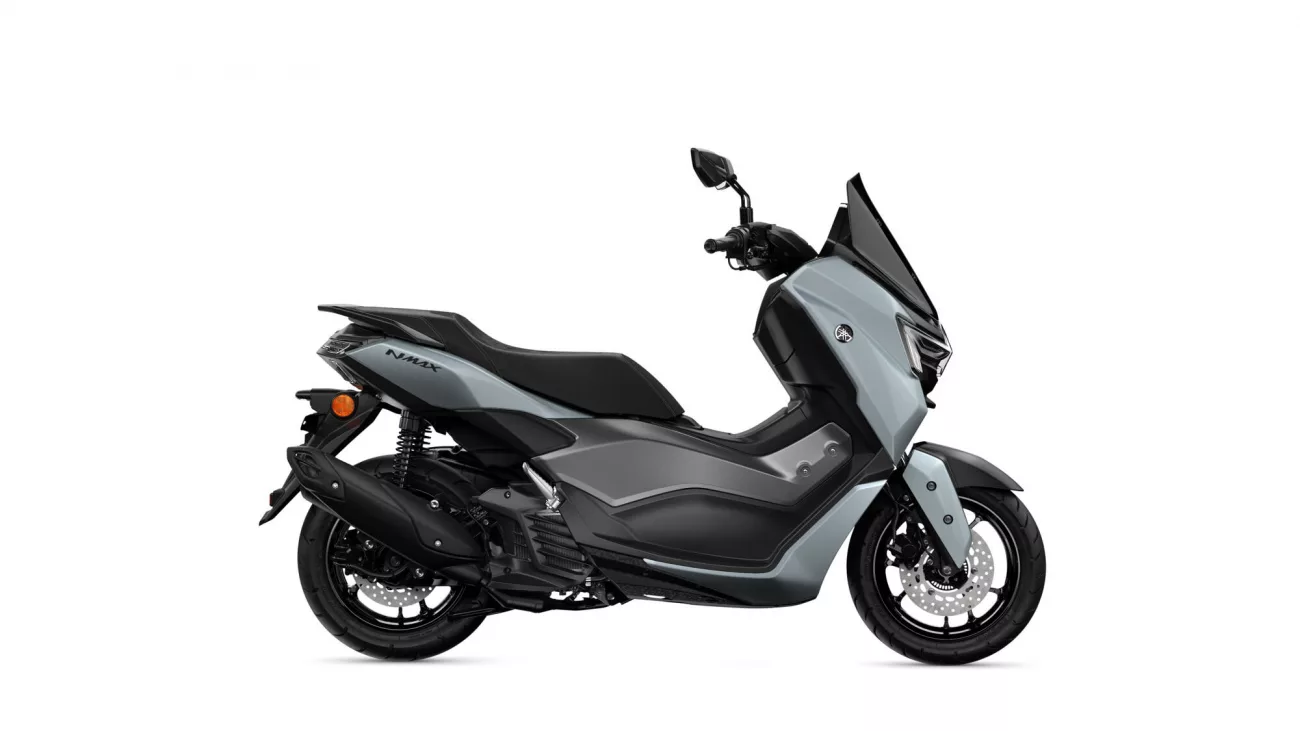 Side view of a gray Yamaha NMAX scooter with black seat and front shield against a white background, profile angle to the left.