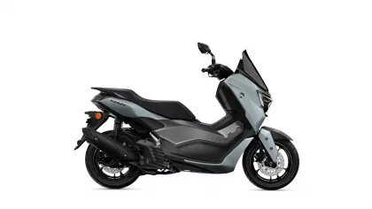 Side view of a gray Yamaha NMAX scooter with black seat and front shield against a white background, profile angle to the left.