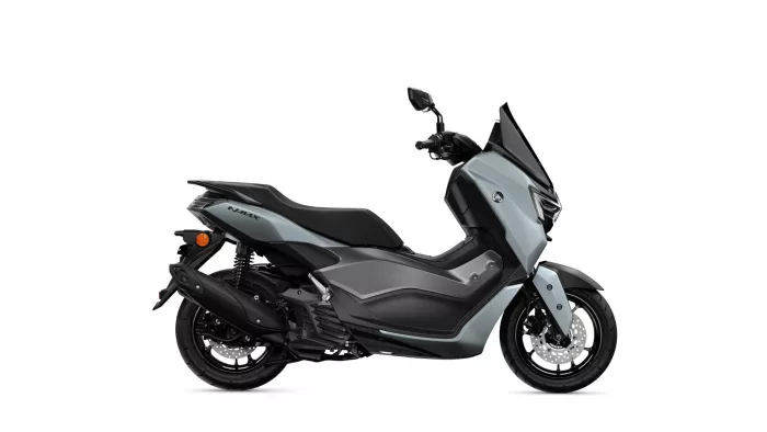 Side view of a gray Yamaha NMAX scooter with black seat and front shield against a white background, profile angle to the left.