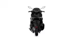 Rear view of a black motorcycle centered on a white background, showing the taillight, rear wheel, and exposed chassis area.