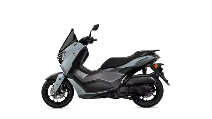 Side view of a gray and black Yamaha NMAX scooter showing the front wheel and seat.
