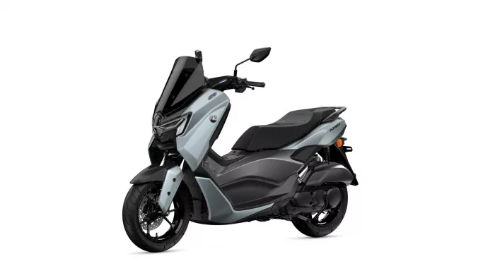 Silver/gray Yamaha NMAX scooter shown from a front-left angle with a tall windscreen and black accents, isolated on white background.