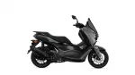 Side profile of a black sport scooter with a large front fairing, windshield, and disc brakes visible on the front wheel.