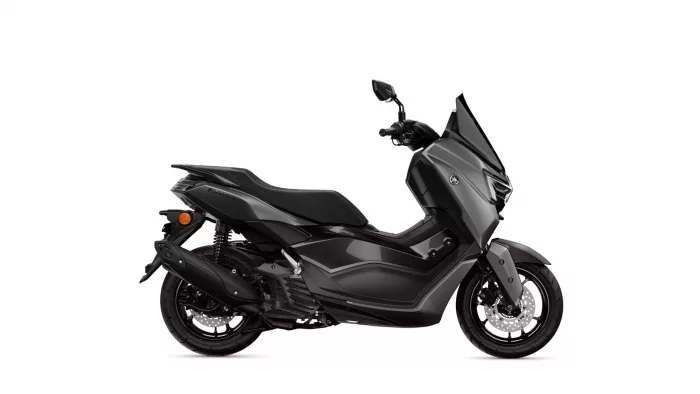 Side profile of a black sport scooter with a large front fairing, windshield, and disc brakes visible on the front wheel.