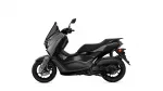 Side view of a black Yamaha scooter with a windshield and exposed front wheel.