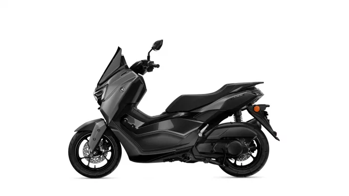 Side view of a black Yamaha scooter with a windshield and exposed front wheel.