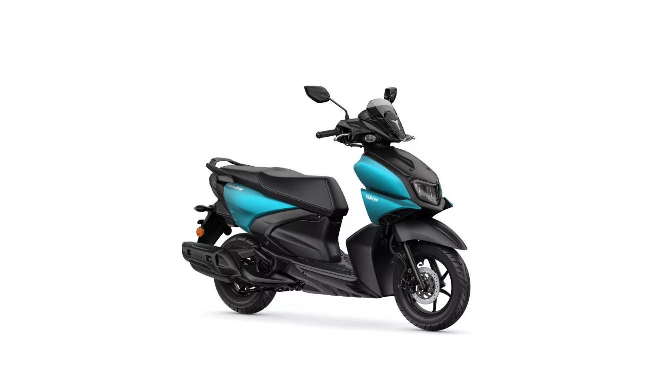 Teal and black Yamaha scooter shown from the side, highlighting the front fairing and seat on a white background.