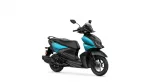 Teal and black Yamaha scooter shown from the side, highlighting the front fairing and seat on a white background.