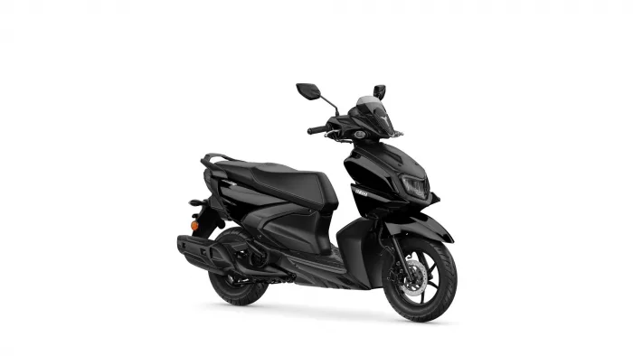 Black Yamaha scooter shown in a three-quarter front view with windshield and angular body panels on a white background